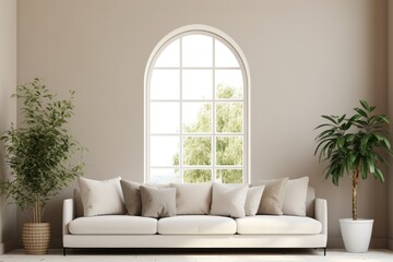 White Couch and Potted Plant in a Cozy Living Room Interior. Scandinavian home interior design of modern living home.