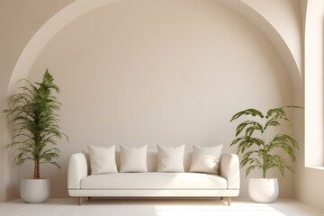Living Room With White Couch and Potted Plants. Scandinavian home interior design of modern living home.