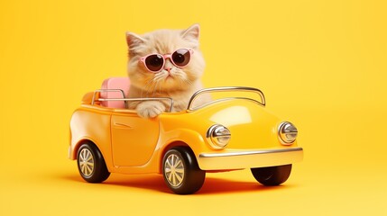 Cute cat with sunglasses in toy car on yellow background, generative ai