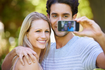 Selfie, photography or happy couple on social media in park to relax together on holiday vacation. Hug, woman or man in a picture or photo for bonding with love, support or smile on an online post