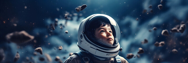 Little boy in spacesuit and astronaut costume in space watches meteorites and stars. Children dreams concept. - obrazy, fototapety, plakaty