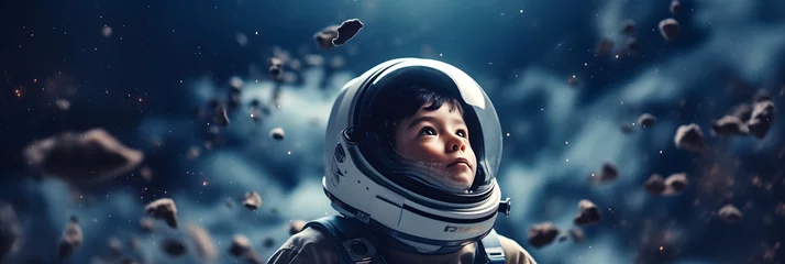 Foto op Plexiglas Little boy in spacesuit and astronaut costume in space watches meteorites and stars. Children dreams concept. © Bonsales