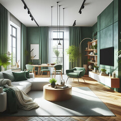Contemporary Modern Stylish Interior Design Scandinavian Beige Living Room with Sofa Table & Chairs Furniture Designed with Trendy Decoration Green Theme with Potted Plants on Wooden Floor Carpet Rug