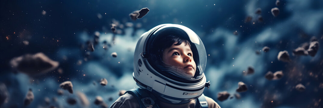 Little boy in spacesuit and astronaut costume in space watches meteorites and stars. Children dreams concept.