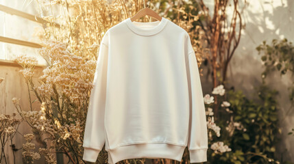 White Crew Neck Sweatshirt Mockup with Floral Setting, Spring Apparel Fashion