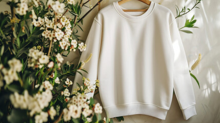 White Crew Neck Sweatshirt Mockup with Floral Setting, Spring Apparel Fashion