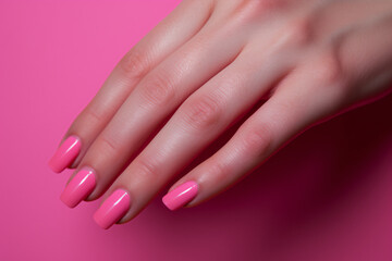 Close up of woman's hand with pink nail polish color