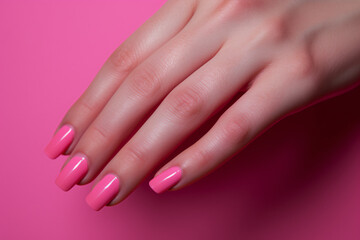 Fototapeta premium Close up of woman's hand with pink nail polish color