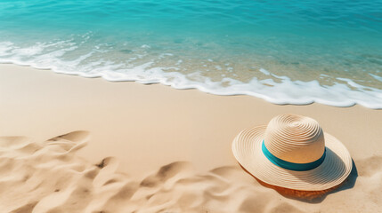 Fototapeta na wymiar Straw hat on the beach. Beach holiday concept, generative ai