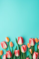 Spring tulip flowers on aqua background top view in flat lay style