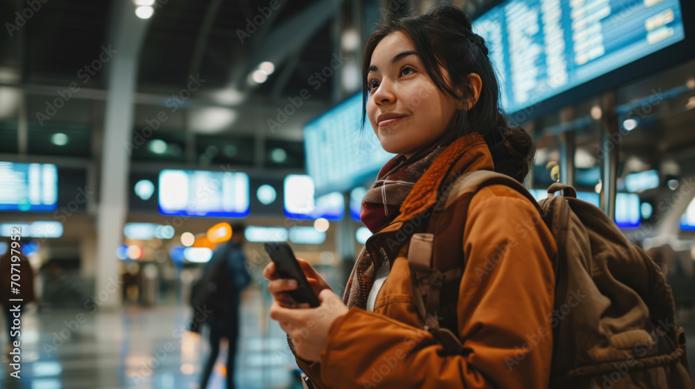 Poster Smiling young woman in an airport terminal looking at her phone, with a backpack on her shoulder and a flight information display board in the blurry background.