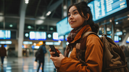 Smiling young woman in an airport terminal looking at her phone, with a backpack on her shoulder and a flight information display board in the blurry background.