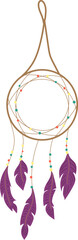 Bohemian dreamcatcher with purple feathers and colorful beads. Native American cultural decoration. Artistic interior accessory vector illustration.