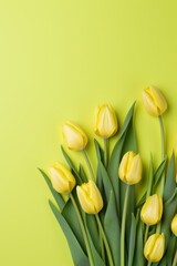 Spring tulip flowers on chartreuse background top view in flat lay style 