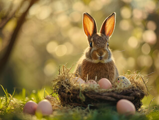 Easter Bunny with Basket of Eggs and Spring Flowers for Holiday Greeting Card