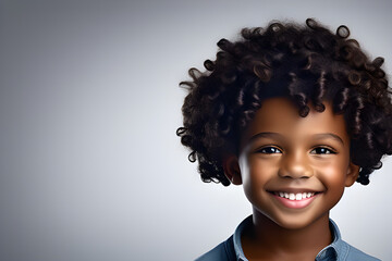 Foto profissional de criança menino de cabelos cacheados sorrindo generative AI - obrazy, fototapety, plakaty