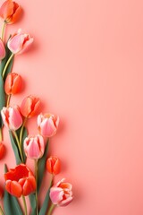 Spring tulip flowers on coral background top view in flat lay style