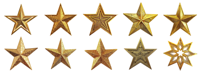 Set of star in a golden color, cut out - stock png.
