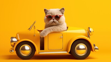 Cute cat with sunglasses in toy car on yellow background, generative ai - obrazy, fototapety, plakaty