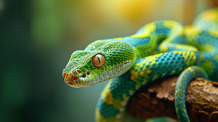 Exotic colourful Python on Tree Branch for Wildlife and Nature Concepts