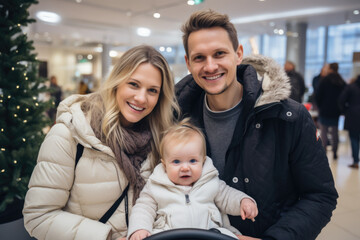 Obraz premium Smiling Family with Young Child in Winter Attire Indoors