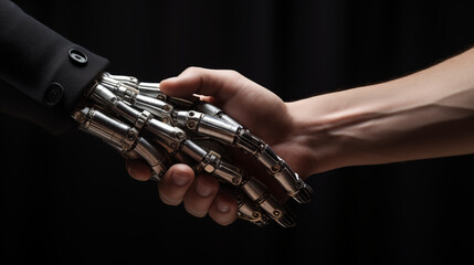 Naklejka premium Handshake between a human and a robot as a sign of collaboration between AI and human technology