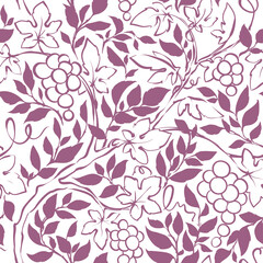 Summer pattern with grape vine and rosehip branches. Botanical background, vector illustration, seamless print, line sketch, freehand drawing.