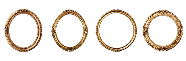 Set of Antique round oval gold picture mirror frame isolated on transparent or white background