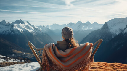 Woman traveler's drinking warm tea in the rustic outdoor cafe and enjoys the scenery in the mountains, snow on hills, generative ai