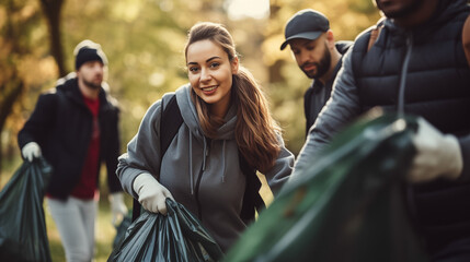 Young woman cleaning-up public park or forest of plastic garbage, Volunteers with garbage bags clean up in park. Green and clean nature, avoid pollution, be friendly to the environment, generative ai - obrazy, fototapety, plakaty
