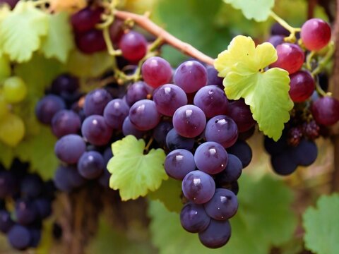 cacho de uva, parreira de uva, lindos cachos de uva roxa e uva verde. Vinhas ao p&ocirc;r do sol na colheita de outono. Uvas maduras no outono.