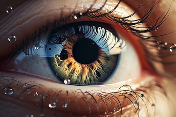Close-up of the beautiful eye with water droplets. - obrazy, fototapety, plakaty