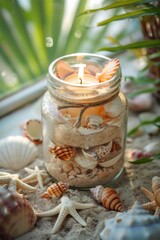 Coastal Candle Lantern: Handcrafted Seashell Jar with Soft Beachy Glow