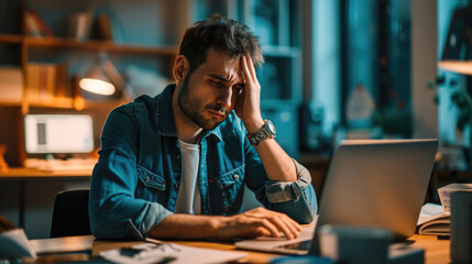 Obraz premium Man feeling stressed while working on his laptop. He has his head in hands, a pained expression on face, signifying a headache, frustration, or exhaustion.