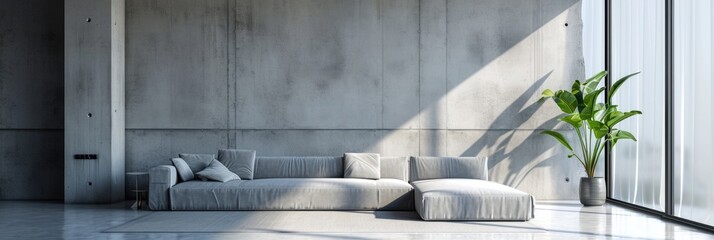 Minimalist Loft Living: Gray Corner Sofa in Modern Concrete Interior