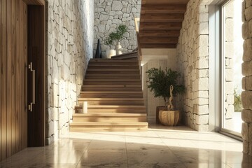 Rustic Elegance: Modern Home Entrance with Wooden Staircase and Stone Cladding