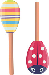 Colorful striped maracas next to a red ladybug themed maraca. Musical instruments, percussion, cartoon style vector illustration.