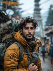 Fototapeta premium Portrait of a bearded young male traveler with a backpack in front of an industrial backdrop.