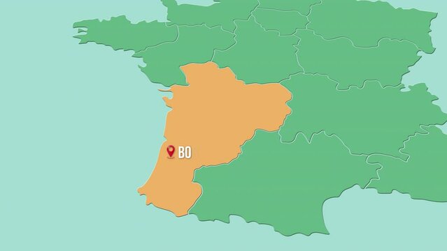 Mapa de Francia con divisi&oacute;n pol&iacute;tica resaltando la ciudad de BORDEAUX
