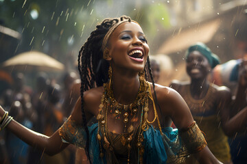 Young African woman joyfully dancing in the rain along a rural street, Black History Month