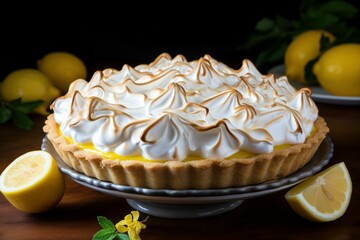 Obraz na płótnie Canvas Glistening Lemon meringue pie in sunlight. Sweet homemade pastry tart dessert. Generate ai