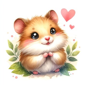 Cute hamster with red heart shape watercolor paint for valentine's day holiday