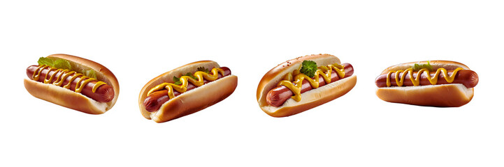 Set of delicious Hot dog with mustard, isolated over on transparent white background - obrazy, fototapety, plakaty