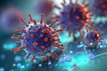 Viral antibodies immune defense vaccine research microbiology medicine nanotechnology 3D illustration. Generative AI - obrazy, fototapety, plakaty