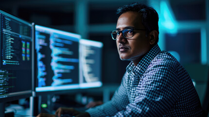 Fototapeta premium Focused male programmer working in a dark office environment, typing intently on a keyboard while multiple monitors display lines of code