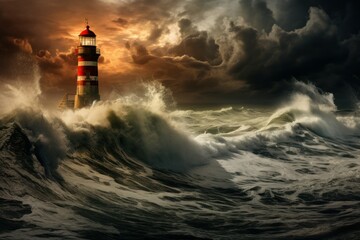 Fototapeta na wymiar Foreboding Sea storm lighthouse. Ocean wave. Generate Ai