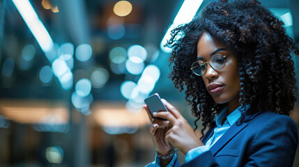 Professional young woman with short hair and glasses, wearing a light blue blazer, looking at her smartphone with an attentive expression in an office or modern business setting - obrazy, fototapety, plakaty