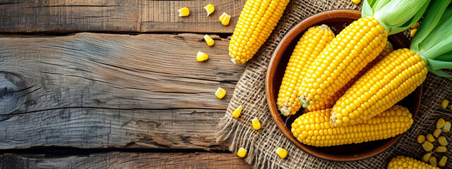 tasty corn in a plate on a wooden background - obrazy, fototapety, plakaty