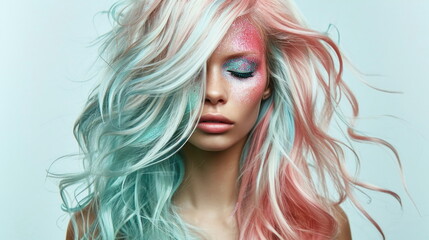 Fototapeta premium Portrait of a woman with creative makeup resembling a mermaid with colorful hair.