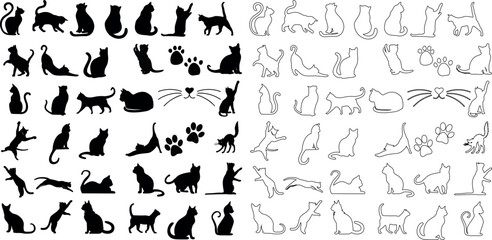 Cat silhouette, cats line art collection, playful felines in various poses. Ideal for pet-themed content, artistic projects.Perfect for illustrations, vector art, graphics, sketches, creative artwork